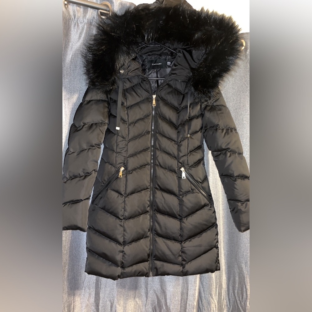 Tahari Faux-Fur Long Womens Puffer Coat